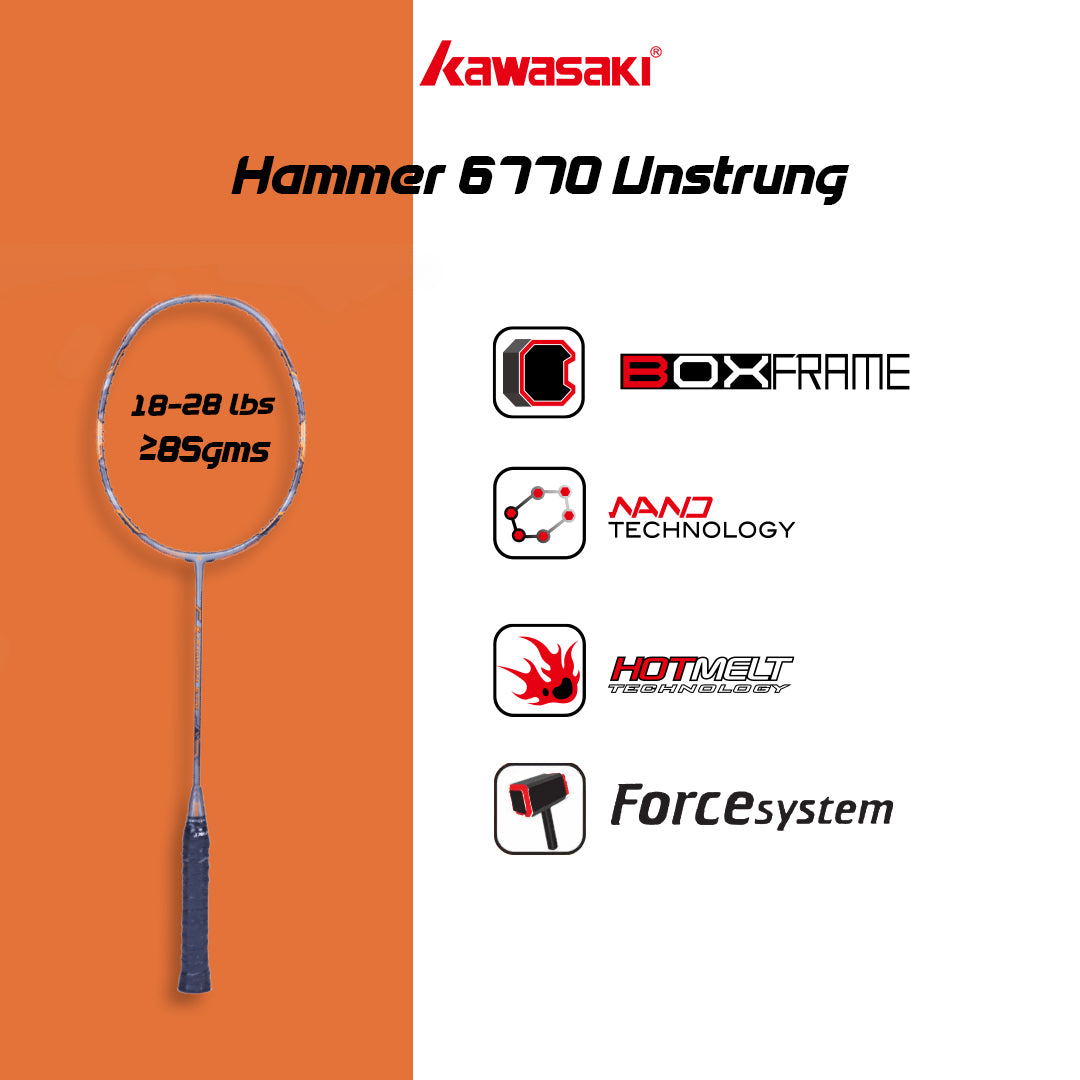 Badminton Racket, Best Badminton Racket, Lightweight Badminton Racket, Professional Badminton Racket, Power Badminton Racket, Control Badminton Racket, Speed Badminton Racket, High-Performance Racket, Carbon Fiber Racket, Graphite Racket, Beginner Badminton Racket, Advanced Badminton Racket, Badminton Racket for Men, Badminton Racket for Women, Singles Badminton Racket, Doubles Badminton Racket, Unstrung Badminton Racket, Strung Badminton Racket, Kawasaki Hammer 6770 Unstrung Badminton Racket